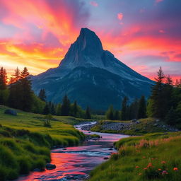 A majestic big mountain towering against a vibrant sunset sky, the horizon painted with shades of orange, pink, and purple