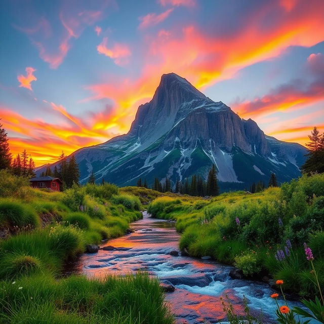 A majestic big mountain towering against a vibrant sunset sky, the horizon painted with shades of orange, pink, and purple