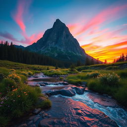 A majestic big mountain towering against a vibrant sunset sky, the horizon painted with shades of orange, pink, and purple
