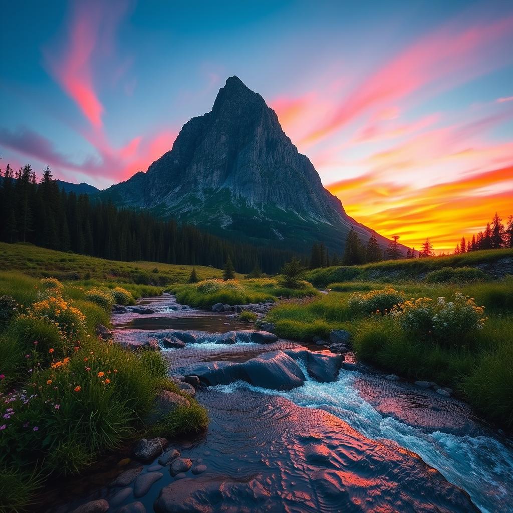 A majestic big mountain towering against a vibrant sunset sky, the horizon painted with shades of orange, pink, and purple