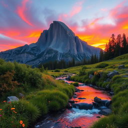 A majestic big mountain towering against a vibrant sunset sky, the horizon painted with shades of orange, pink, and purple