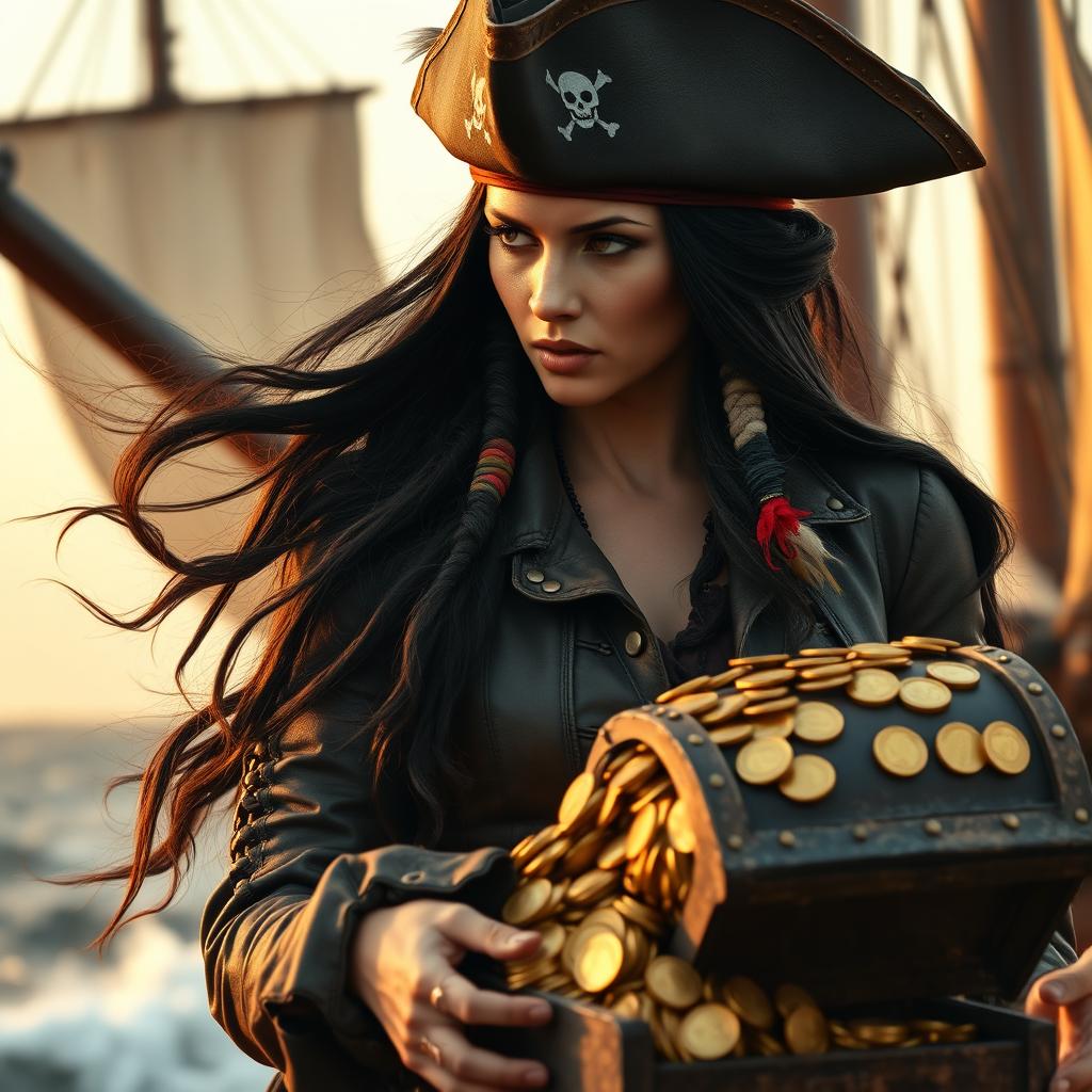 A fierce pirate woman looking down to the left, her expression thoughtful yet determined