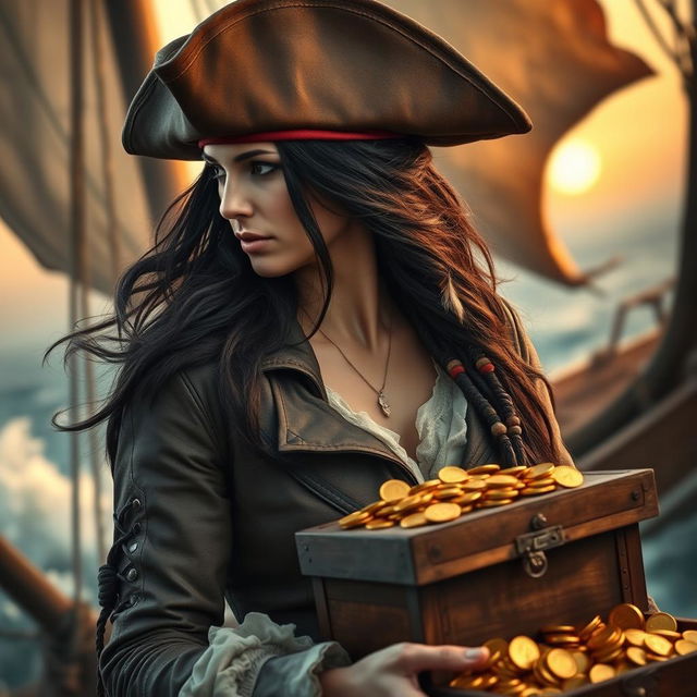 A fierce pirate woman looking down to the left, her expression thoughtful yet determined