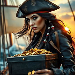 A fierce pirate woman looking down to the left, her expression thoughtful yet determined