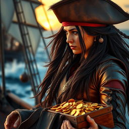 A fierce pirate woman looking down to the left, her expression thoughtful yet determined