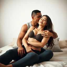 A 39-year-old Indonesian man with an athletic body and handsome features is affectionately hugging a beautiful 28-year-old woman from behind
