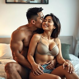 A 39-year-old Indonesian man with an athletic body and handsome features is affectionately hugging a beautiful 28-year-old woman from behind