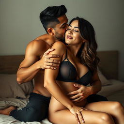 A 39-year-old Indonesian man with an athletic body and handsome features is affectionately hugging a beautiful 28-year-old woman from behind