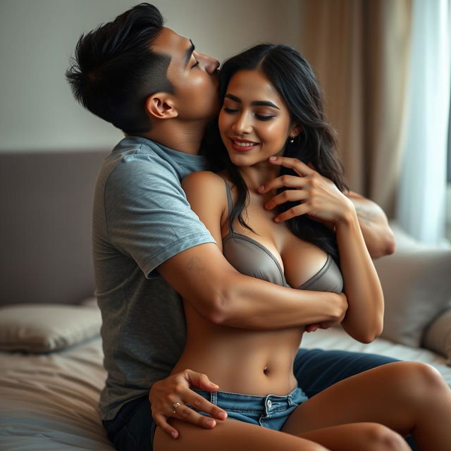 A 39-year-old Indonesian man with an athletic body and handsome features is affectionately hugging a beautiful 28-year-old woman from behind