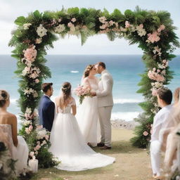 An intimate wedding ceremony taking place in Cairns, Australia, overlooking the breathtaking sea view, with the bride and groom standing under decorated floral arch.