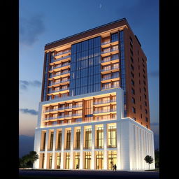 A stunning 3D exterior view of a luxurious 20-story residential tower in Tehran, designed with inspiration from a soaring rocket towards the sky