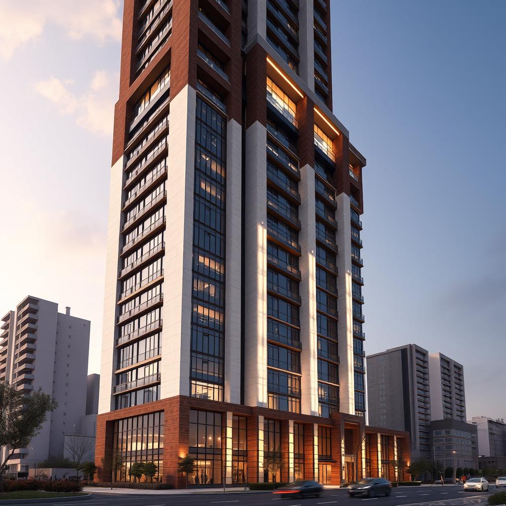 A stunning 3D exterior view of a luxurious 20-story residential tower in Tehran, designed with inspiration from a soaring rocket towards the sky