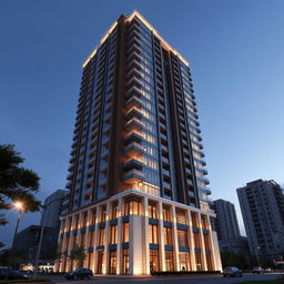 A stunning 3D exterior view of a luxurious 20-story residential tower in Tehran, designed with inspiration from a soaring rocket towards the sky