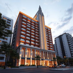 A stunning 3D exterior view of a luxurious 20-story residential tower in Tehran, designed with inspiration from a soaring rocket towards the sky