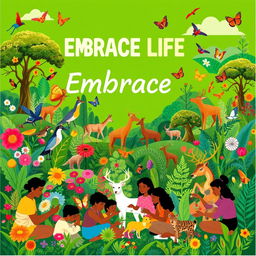 A vibrant and engaging poster that advocates for the life of all living things, emphasizing a harmonious relationship between humans, animals, and plants