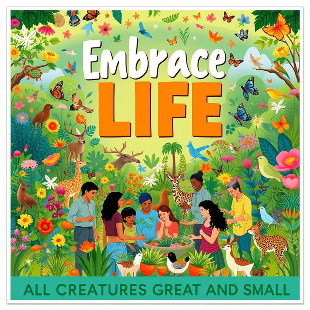 A vibrant and engaging poster that advocates for the life of all living things, emphasizing a harmonious relationship between humans, animals, and plants