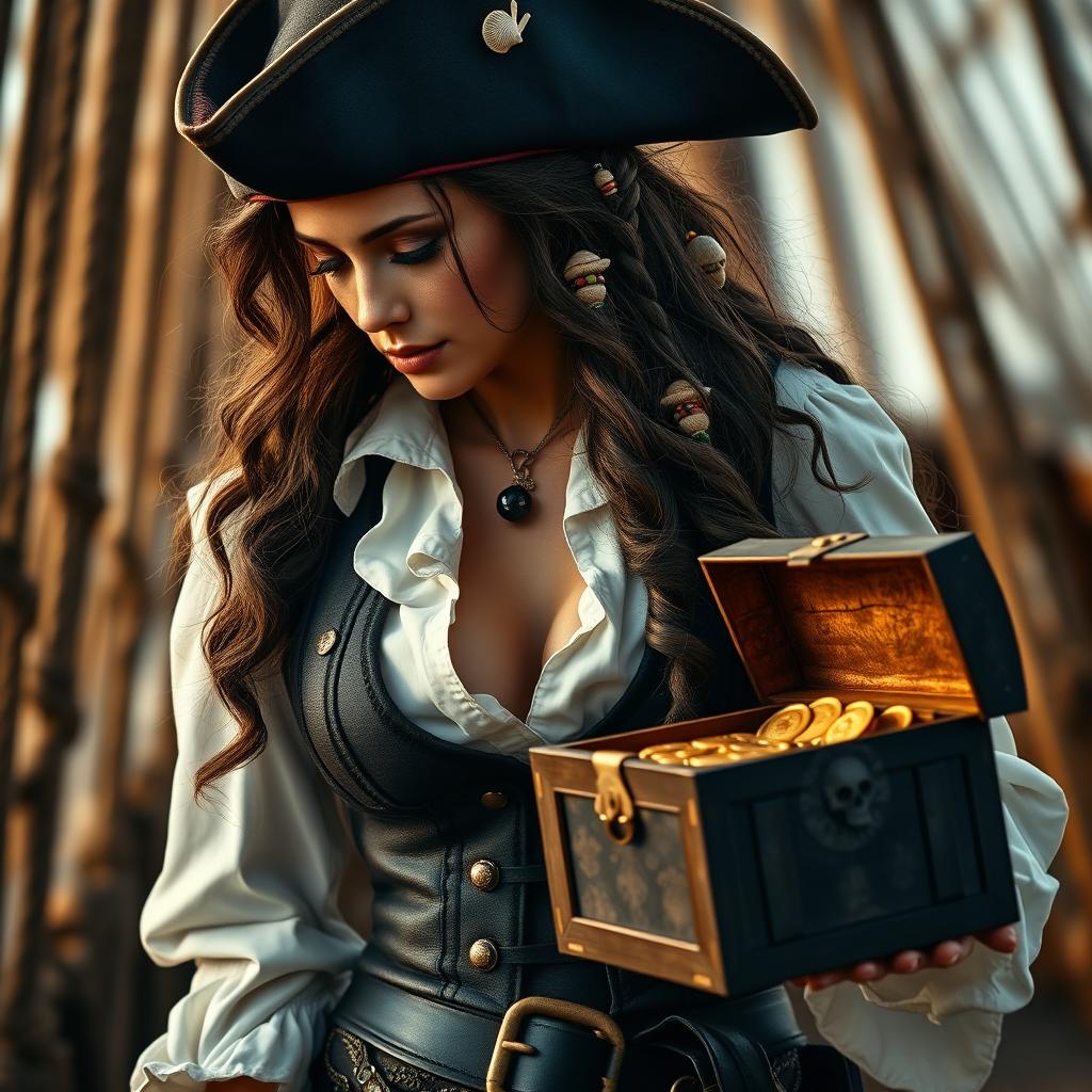 A striking pirate woman looking down to the left, holding a treasure chest in her hand
