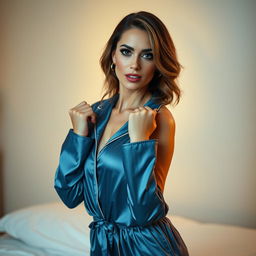 A gorgeous 40-year-old woman dressed in a stylish and elegant pajama set, facing the camera with a captivating and provocative expression