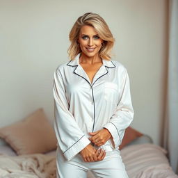 A gorgeous 40-year-old woman dressed in a stylish and elegant pajama set, facing the camera with a captivating and provocative expression