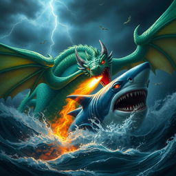 A gigantic dragon, with shimmering emerald scales and large, menacing wings, fiercely battling a monstrous demonic shark that has glowing red eyes and jagged teeth