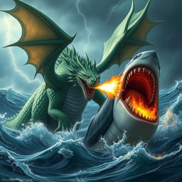 A gigantic dragon, with shimmering emerald scales and large, menacing wings, fiercely battling a monstrous demonic shark that has glowing red eyes and jagged teeth