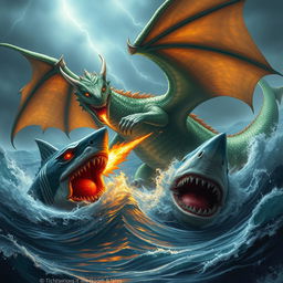 A gigantic dragon, with shimmering emerald scales and large, menacing wings, fiercely battling a monstrous demonic shark that has glowing red eyes and jagged teeth