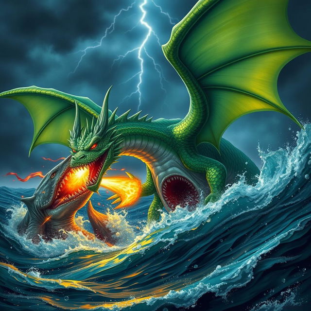 A gigantic dragon, with shimmering emerald scales and large, menacing wings, fiercely battling a monstrous demonic shark that has glowing red eyes and jagged teeth