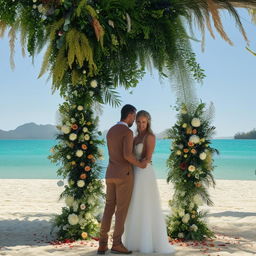 A beautiful wedding ceremony happening in the gorgeous setting of Cairns, Australia. The bride and groom are standing under a floral arch, the turquoise ocean providing a stunning backdrop.