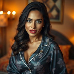 A stunning 40-year-old woman, elegantly dressed in a beautiful pajama set, facing the camera with a flirtatious and provocative expression