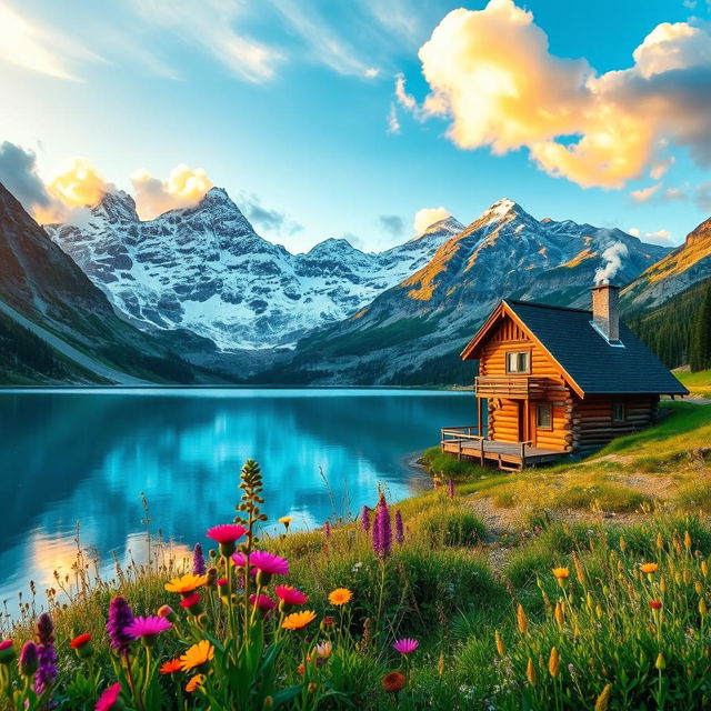 A serene mountain landscape during the golden hour, with a clear blue lake reflecting the colorful sky
