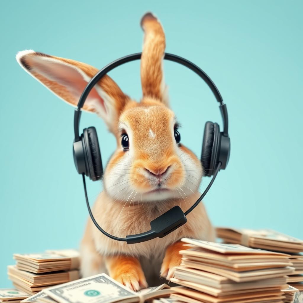 A realistic rabbit wearing a headset commonly used by call center operators, surrounded by stacks of money