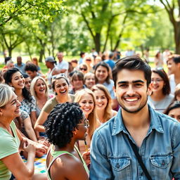 A vibrant outdoor gathering, filled with a diverse group of happy people enjoying a sunny day in the park
