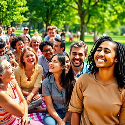 A vibrant outdoor gathering, filled with a diverse group of happy people enjoying a sunny day in the park