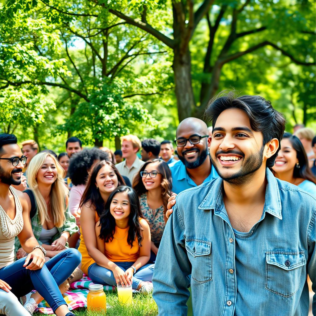 A vibrant outdoor gathering, filled with a diverse group of happy people enjoying a sunny day in the park