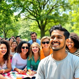 A vibrant outdoor gathering, filled with a diverse group of happy people enjoying a sunny day in the park