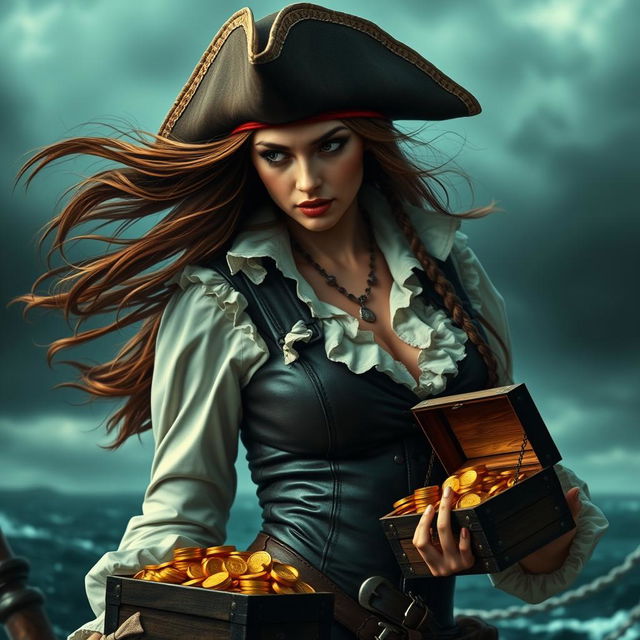 A fierce pirate woman gazing down to the left, showcasing her strong and adventurous spirit