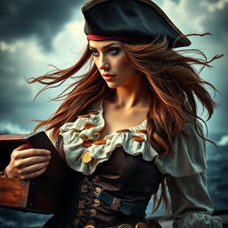 A fierce pirate woman gazing down to the left, showcasing her strong and adventurous spirit