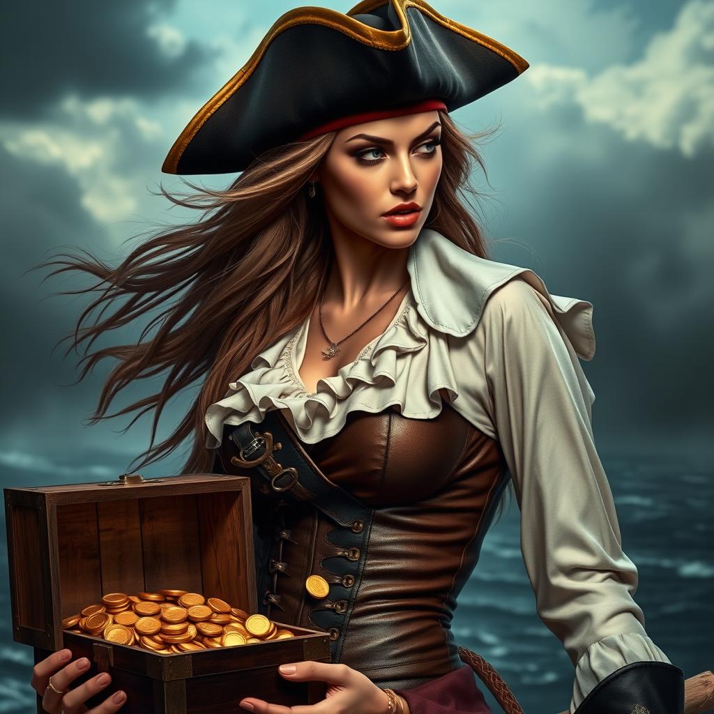 A fierce pirate woman gazing down to the left, showcasing her strong and adventurous spirit