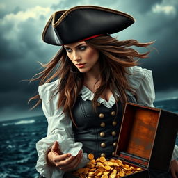 A fierce pirate woman gazing down to the left, showcasing her strong and adventurous spirit