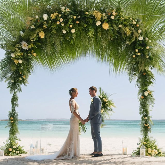 A beautiful wedding ceremony happening in the gorgeous setting of Cairns, Australia. The bride and groom are standing under a floral arch, the turquoise ocean providing a stunning backdrop.