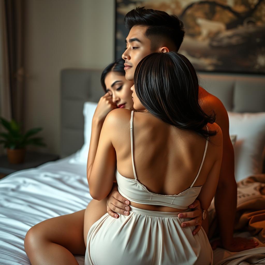 A romantic and intimate scene showcasing a handsome 39-year-old Indonesian man with an athletic body, embracing a beautiful 28-year-old woman with a curvy silhouette from behind