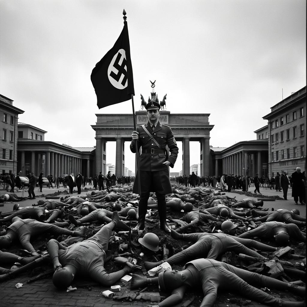 A dramatic black and white photograph depicting a street in Berlin in 1945, showcasing a solitary Nazi soldier in vintage 1940 style uniform