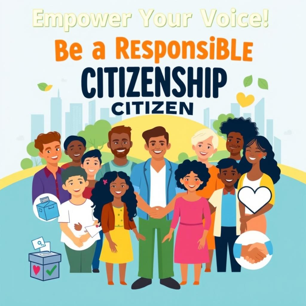 A vibrant and inspiring poster about citizenship, featuring diverse people of various ethnicities standing together, smiling and holding hands, symbolizing unity and community