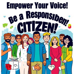 A vibrant and inspiring poster about citizenship, featuring diverse people of various ethnicities standing together, smiling and holding hands, symbolizing unity and community