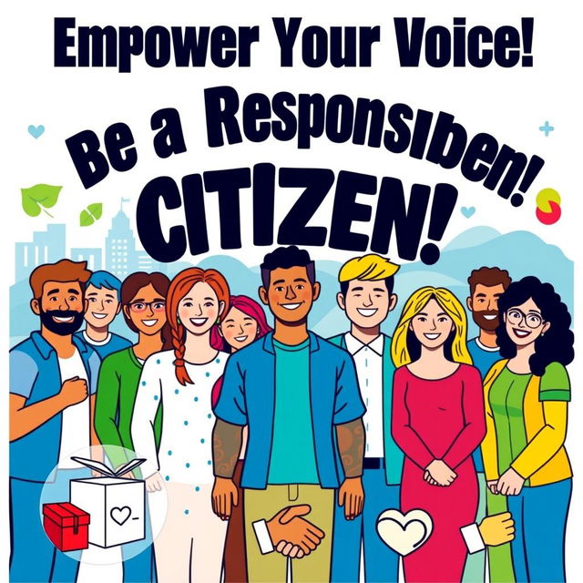 A vibrant and inspiring poster about citizenship, featuring diverse people of various ethnicities standing together, smiling and holding hands, symbolizing unity and community