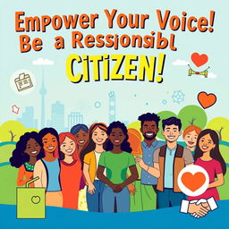A vibrant and inspiring poster about citizenship, featuring diverse people of various ethnicities standing together, smiling and holding hands, symbolizing unity and community