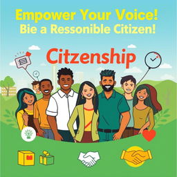 A vibrant and inspiring poster about citizenship, featuring diverse people of various ethnicities standing together, smiling and holding hands, symbolizing unity and community