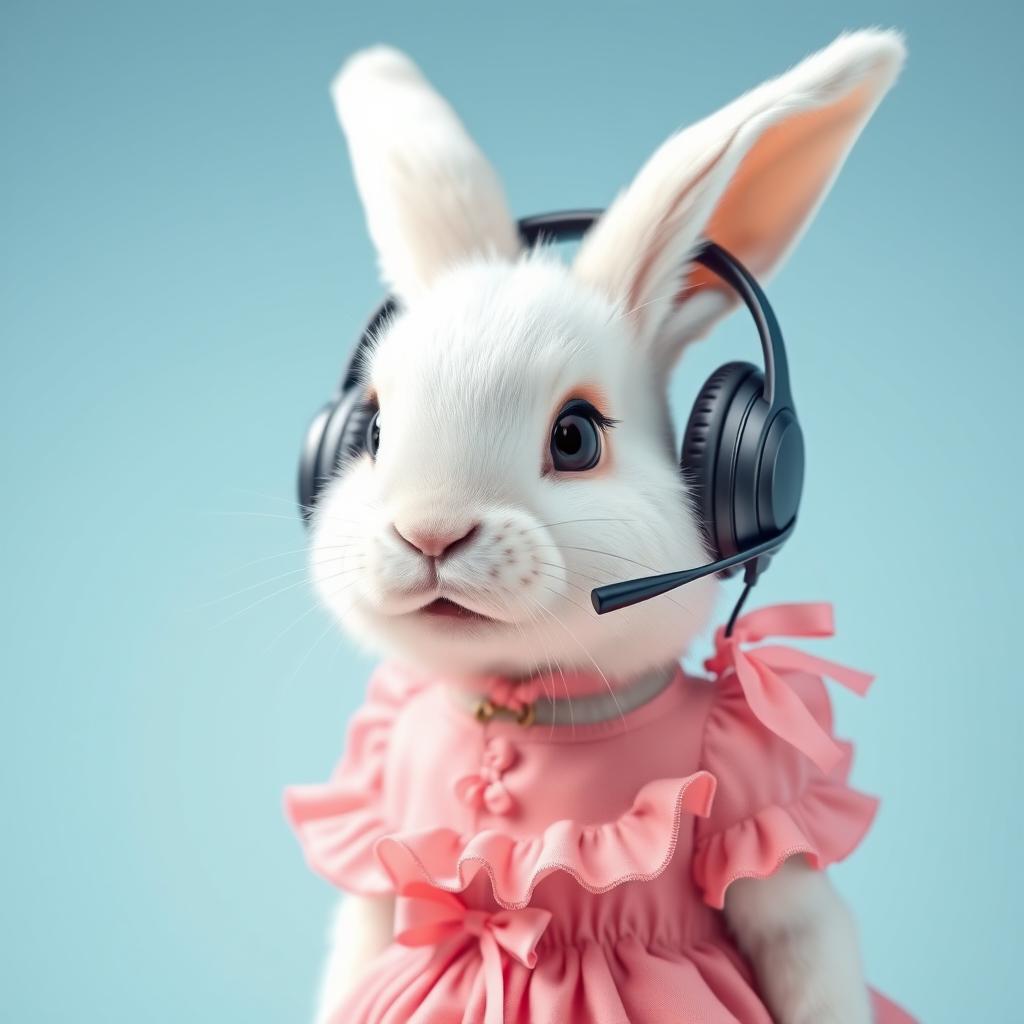 A realistic white rabbit wearing headset earpieces like a call center operator, dressed in a cute pink dress