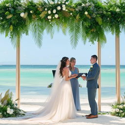 A beautiful wedding ceremony happening in the gorgeous setting of Cairns, Australia. The bride and groom are standing under a floral arch, the turquoise ocean providing a stunning backdrop.