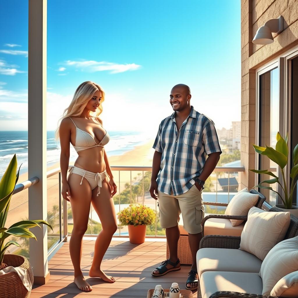 Photorealistic image of a sexy young fit blonde woman standing on the balcony of a beach house, overlooking the Long Beach in Los Angeles